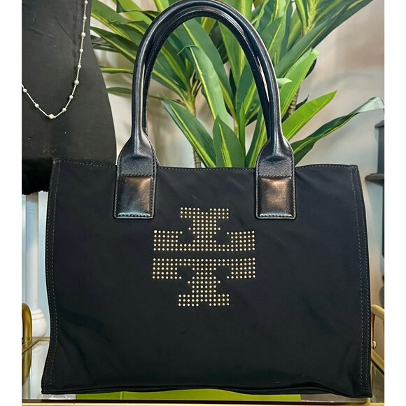 Tory Burch Black Nylon Tote Bag With Leather Handles & Studded Logo - Picture 10 of 10